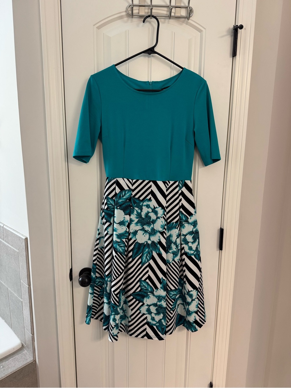 Teal Floral Skater Dress with Printed Skirt